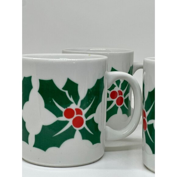 VTG 90s Holly Berry Christmas Mugs Set of 4, Green & Red Ceramic Coffee/Tea Cups - Picture 3 of 6